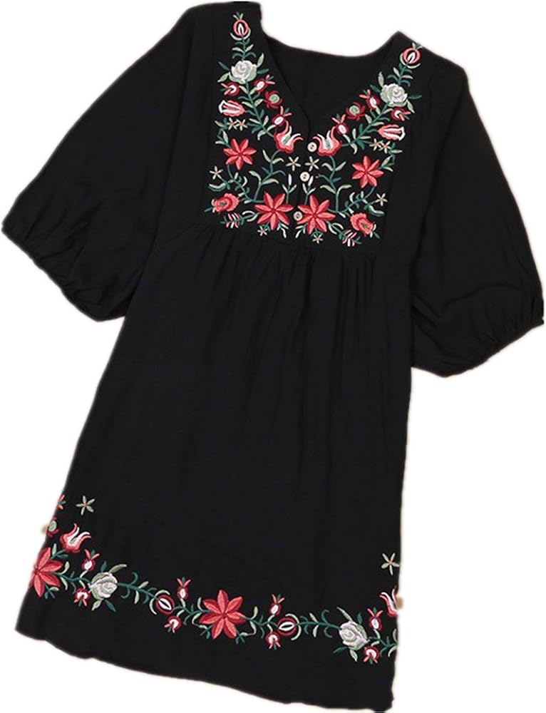 Kafeimali Summer Dress V Neck Mexican Embroidered Peasant Women's Dressy Tops Blouses