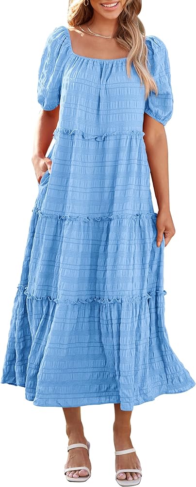 PRETTYGARDEN Women's Summer Maxi Dress Short Sleeve Square Neck Ruffle Tiered Flowy Casual Boho Long Dresses with Pockets