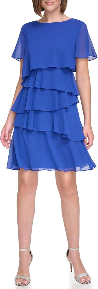 Jessica Howard Women's Chiffon Tiered Style Short Sleeve-Guest of Wedding Dress