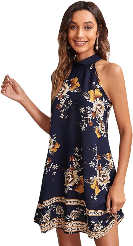 Floerns Women's Summer Floral Print Sleeveless Halter Neck Beach Party Dress