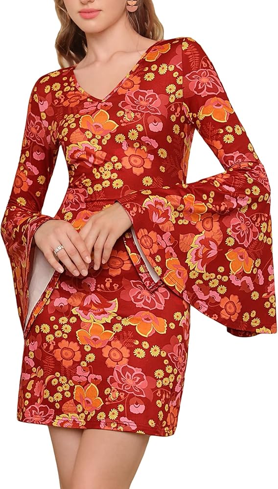 Verdusa Women's Floral Print Bell Long Sleeve V Neck Mini Bodycon Dress