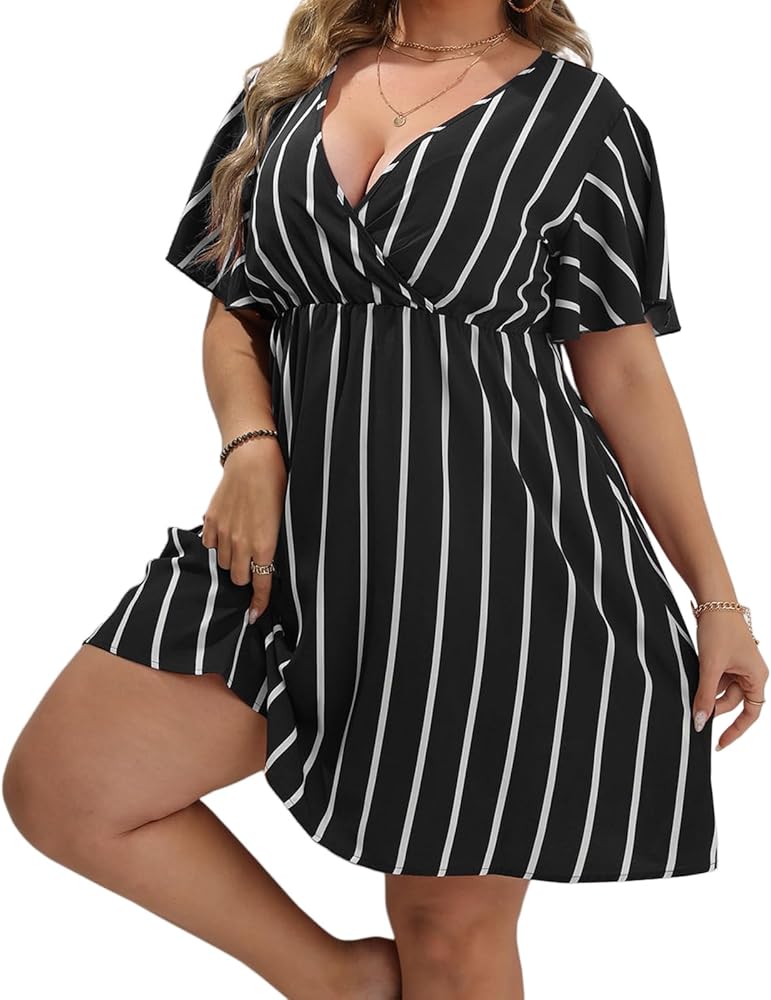 Women's Plus Size Wrap Dress Plus Size Summer Dresses Short Sleeve V Neck Striped Mini Dress