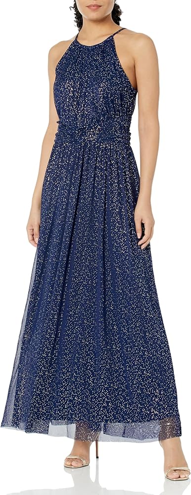 London Times Women's Mesh Halter Maxi with Ruched Waistband Event Guest of Occasion Garden Party