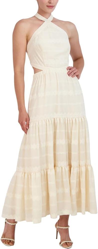 BCBGMAXAZRIA Women's Criss Cross Halter Neck Embroidered Maxi Dress