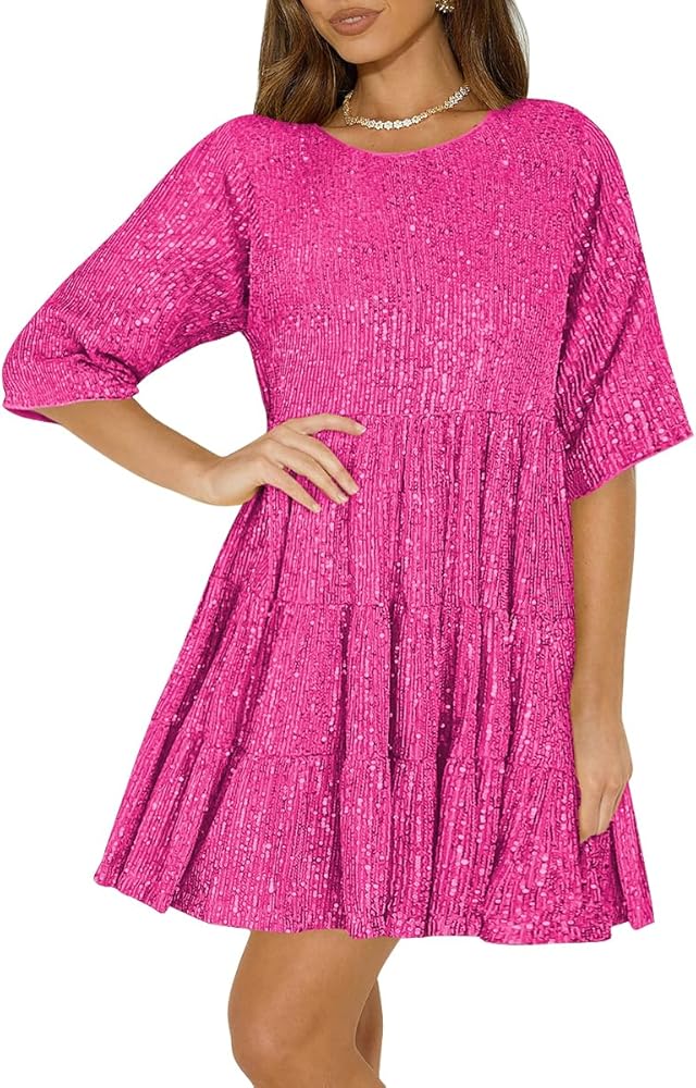 Women Sparkly Sequin Dress Short Flowy Tiered Tunic Dress Shiny Loose Glitter Party Club Night Out Mini Dress