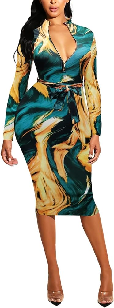 ECHOINE Women Sexy Floral Print V Neck Long Sleeve Front Zipper Stretchy Pencil Midi Bodycon Dress Office Work with Belt