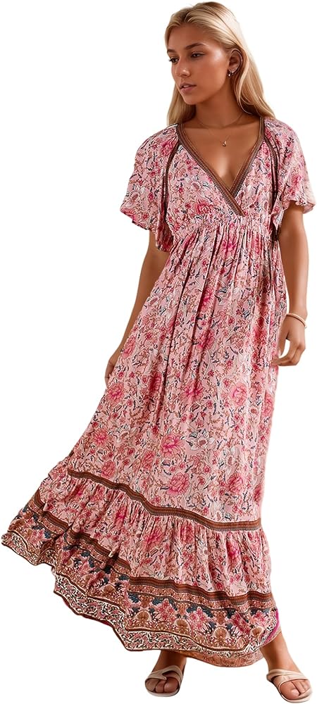 R.Vivimos Women's Summer V Neck Maxi Dress Boho Floral Print Short Sleeve Elastic Waist Ruffle Patchwork A-Line Beach Dress