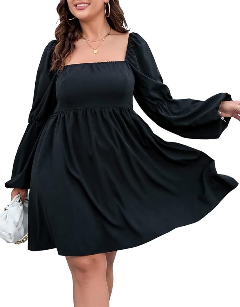 TINSTREE Womens Plus Size Square Neck Dress Long Puff Sleeve Flowy Swing A-Line Short Casual Mini Dress