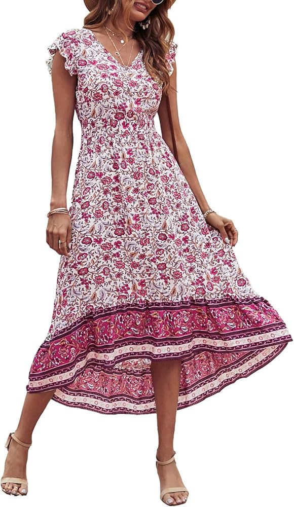 PRETTYGARDEN Women's Summer Maxi Dress Casual Floral V Neck Cap Sleeves Boho High Low Flowy Midi Long Sun Dresses