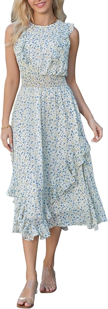 GRACE KARIN Women's Floral Midi Summer Dresses Sleeveless Ruffled Long Flowy Dresses Chiffon A Line Beach Dress Smocked Waist