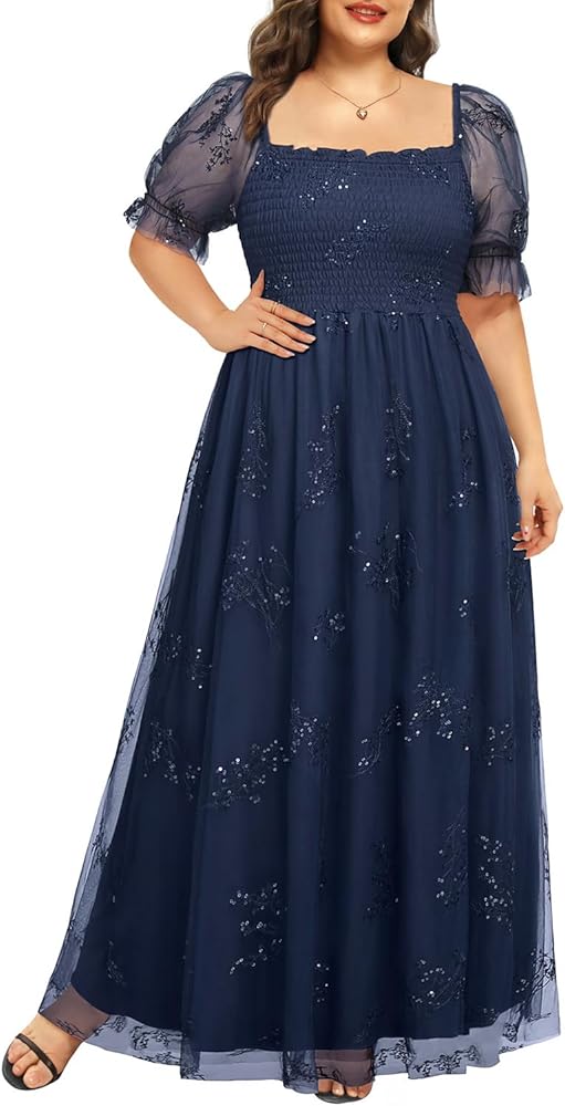 Plus Size Leaf Embroidery with Sequin Tulle Bridesmaid Formal Square Neck Smocked Long Dress