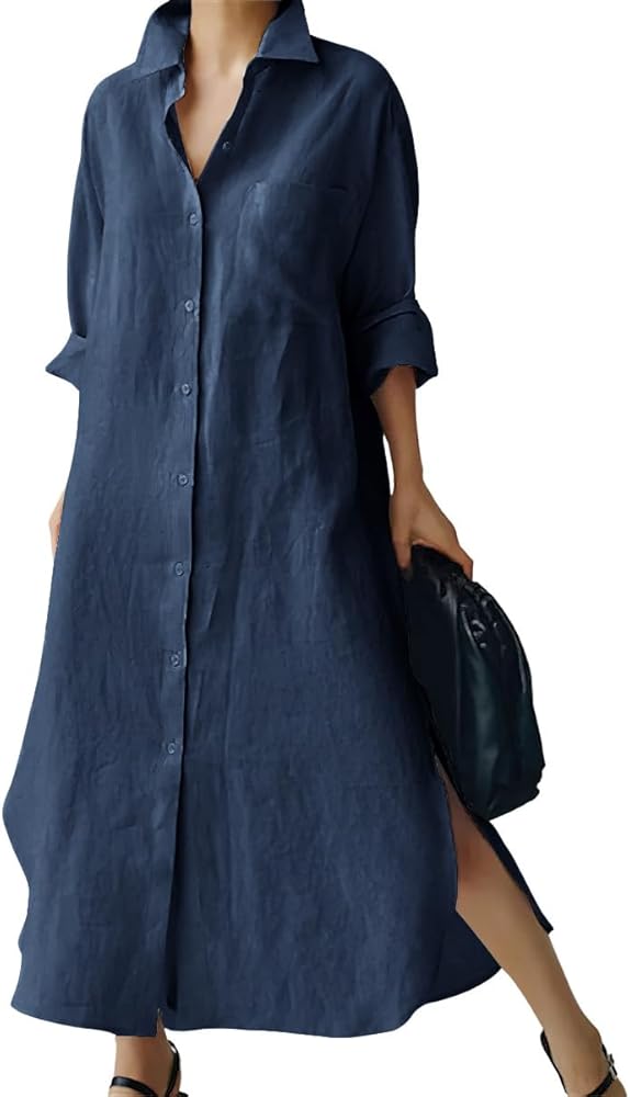 chouyatou Women's Spring Button Down Cotton Shirt Dress Summer Flowy Side Slit Maxi Shift Dress