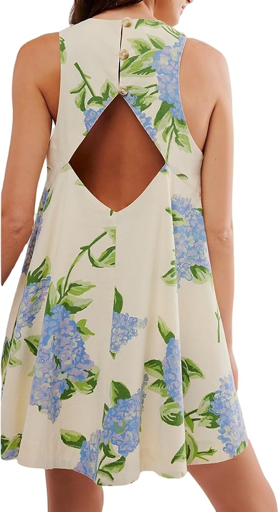 Floral Sleeveless Backless Mini Dress for Women 2024 Summer Loose Swing Flowy Sundress with Pockets