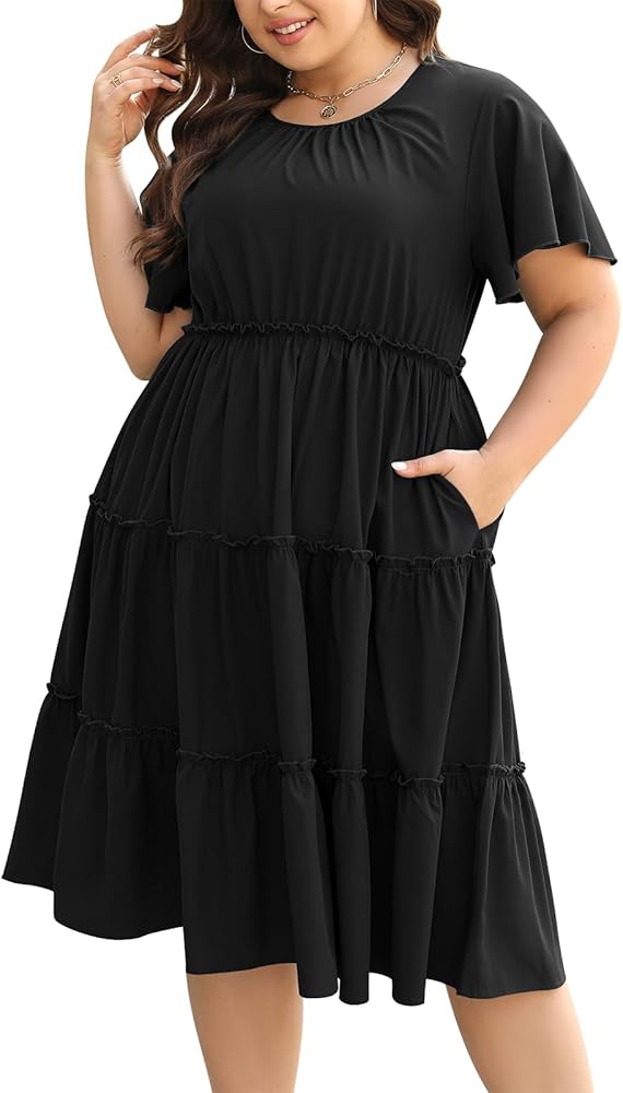 Nemidor Womens Casual Plus Size Short Sleeve Layered Swing Summer Midi Dress with Pocket NEM527