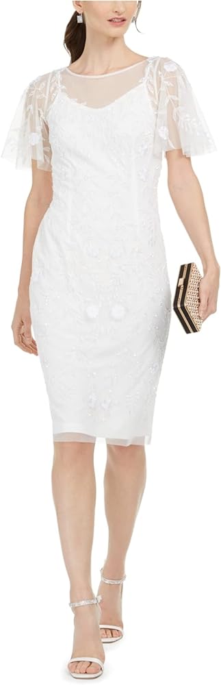 Adrianna Papell Womens Embellished Sheath Dress, White, 4