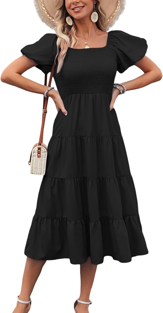 Women's Casual Summer Midi Dress Puffy Short Sleeve Square Neck Smocked Tiered Ruffle Dresses