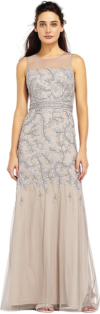 Adrianna Papell Women's Fully Beaded Long Sleevless Gown with Illusion Neckline