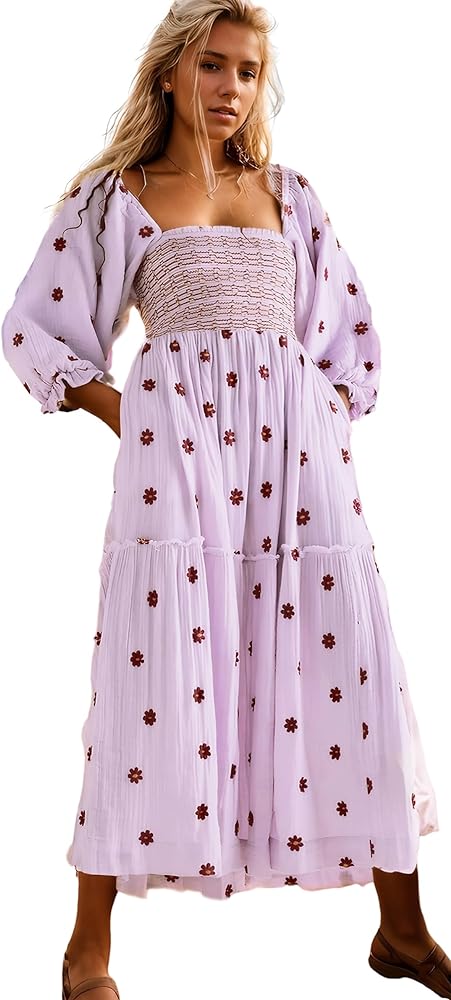 R.Vivimos Women's Long Sleeve Cotton Boho Midi Dress Vintage Square Neck Floral Embroidered Tiered Ruffle Flowy Pockets Dress