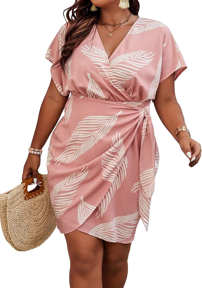 SOLY HUX Women's Plus Size Leaf Print Dress V Neck Wrap Tie Side Short Sleeve Boho Short Dresses