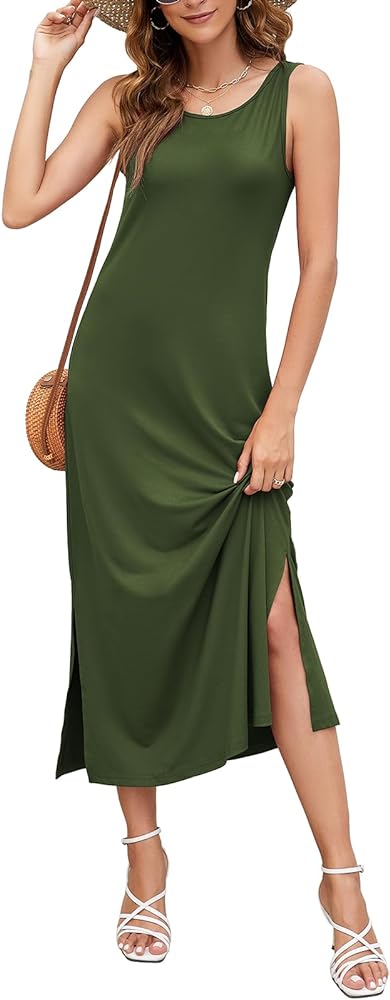 ANRILITA Tank Dresses for Women 2024 Casual Summer Beach Fitted Crew Neck Sleeveless Long Maxi Dress with Slits