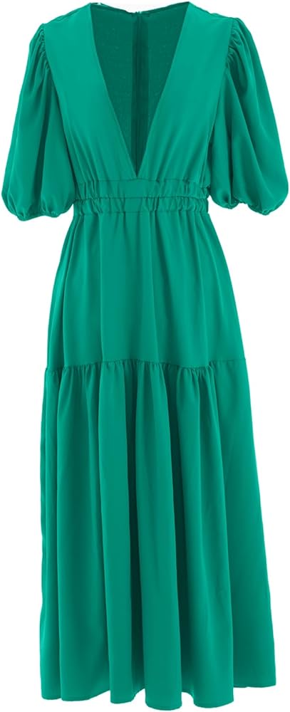 HOULENGS Women's Deep V Neck Puff Short Sleeve Tiered Dress Elastic High Waist Flowy A Line Midi Dresses