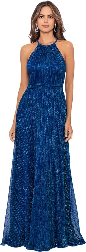 Betsy & Adam Women's Long Metallic Sleeveless Halter Neck Wrap Overlay Gown