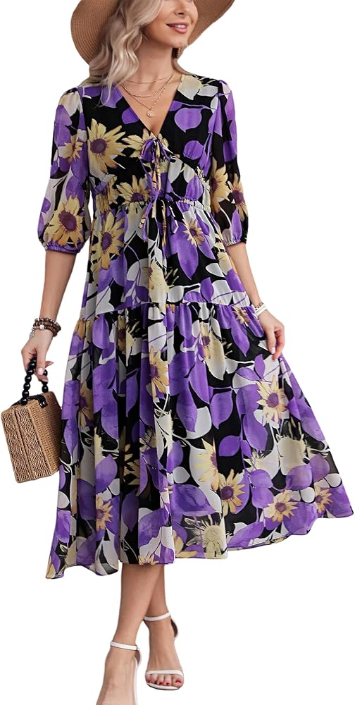 Kormei Women's Casual 3/4 Sleeve Summer Dress Boho Floral Print V Neck High Waist Long Party Beach Flowy Maxi Dresses