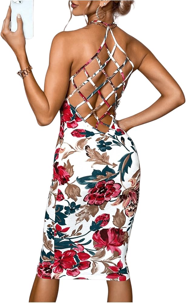 Floerns Women's Allover Print Criss Cross Backless Halter Bodycon Cami Dress