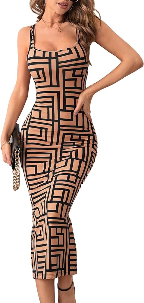 SOLY HUX Women's Allover Print Square Neck Sleeveless Bodycon Pencil Tank Dress Long Dresses