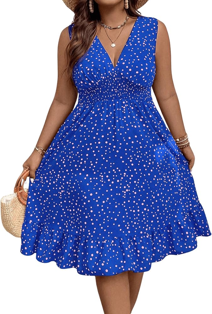 Floerns Women's Plus Size Boho Polka Dots Ruffle Hem High Waist A Line Midi Dress