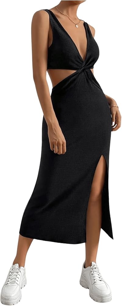 GORGLITTER Women's Twist Front Cut Out Bodycon Midi Dress Slit Thigh Hollow Out Tank Dresses