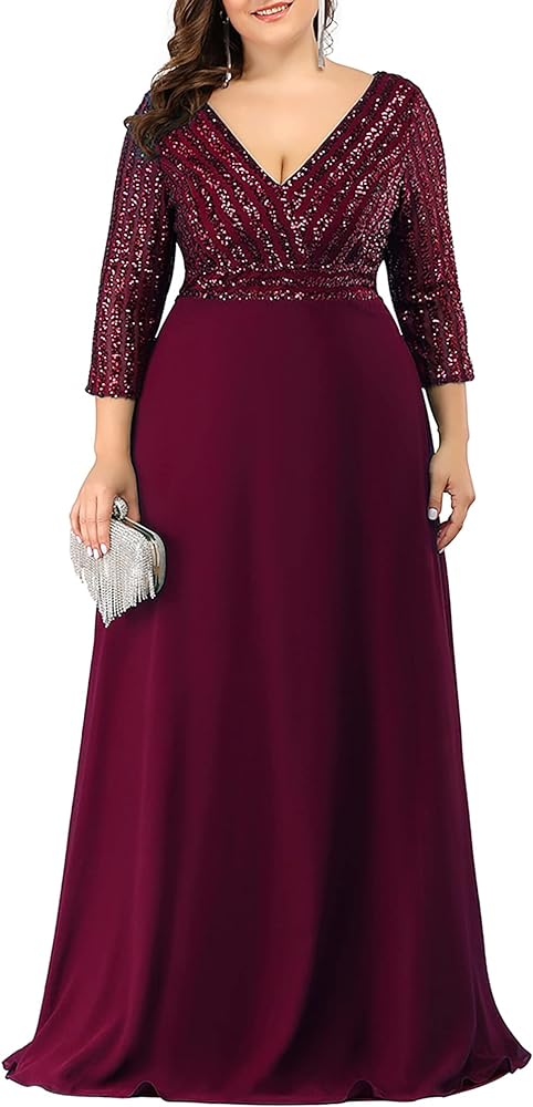 Ever-Pretty Women's Plus Size V-Neck Sparkle Sequins Chiffon 3/4 Sleevess Formal Dresses 0751-PZ