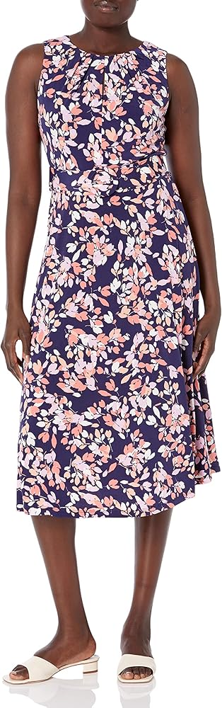 London Times Women's Matte Jersey Sleeveless Keyhole Belted Midi Dress Casual Easy Polished