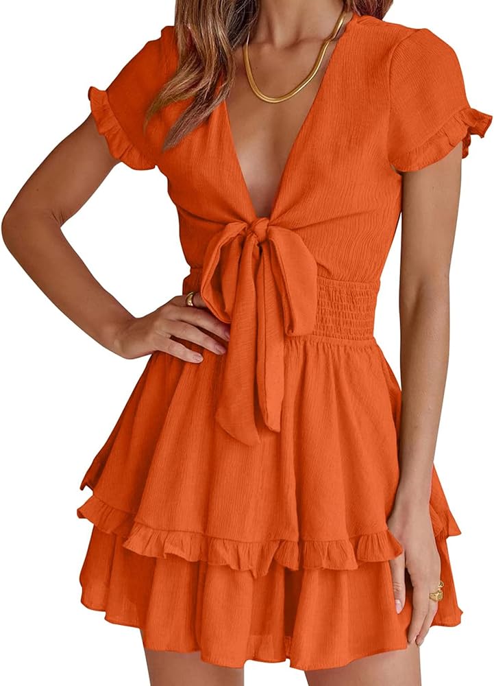 PRETTYGARDEN Women's 2024 Summer Swing Mini Dress Tie Front V Neck Short Sleeve Ruffle Layer A-Line Short Dress