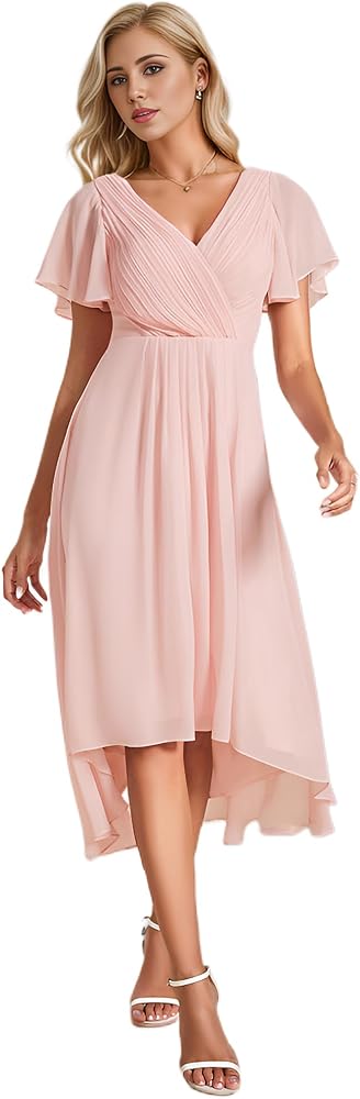 Ever-Pretty Women's Summer Dress Chiffon V-Neck Short Wedding Guest Dress with Ruffled Sleeves 01923