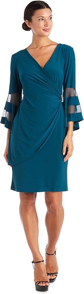 R&M Richards Women's Knee-length Dress with Bell Sleeves and Rhinestone Detail