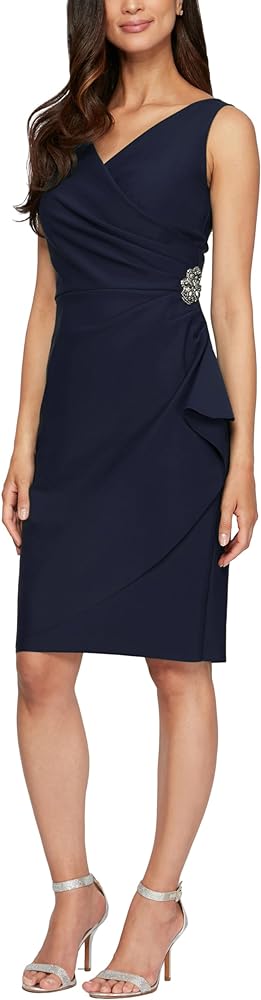 Alex Evenings Women's Slimming Short Ruched Dress with Ruffle(Petite and Regular)