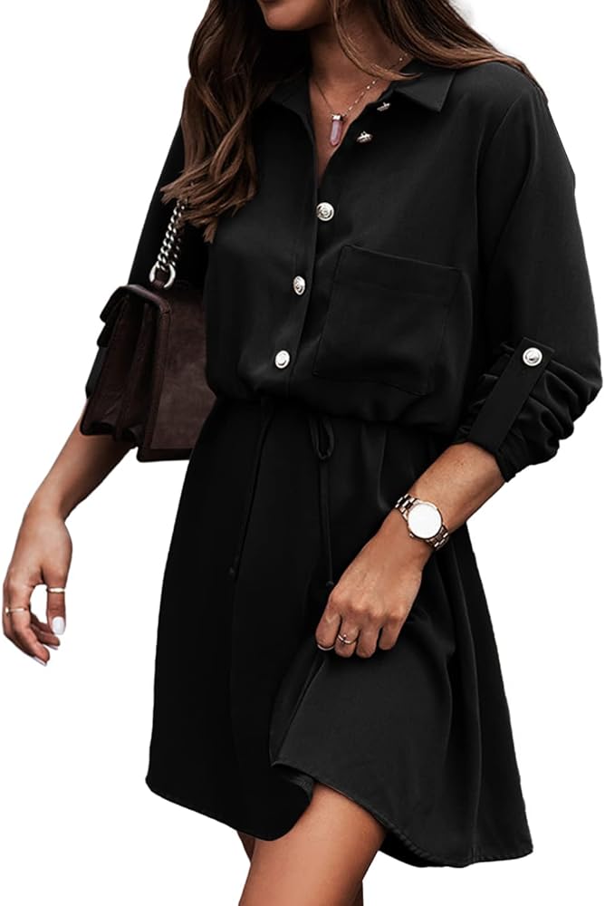 Ybenlow Shirt Dresses for Women Summer 2024 Button Down Long Sleeve Dress Tie Waist Business Casual Work Mini Tshirt Dresses