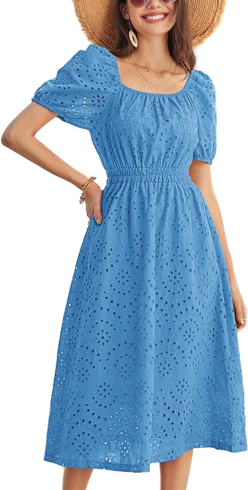 GRACE KARIN Women's Eyelet Dresses Summer Square Neck Short Puff Sleeve Casual A Line Boho Midi Dress