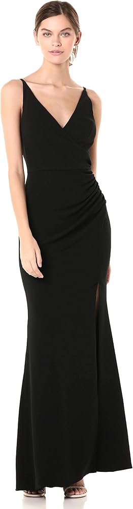 Dress the Population Women's Jordan Plunging Drape Front Sleeveless Long Gown with Slit