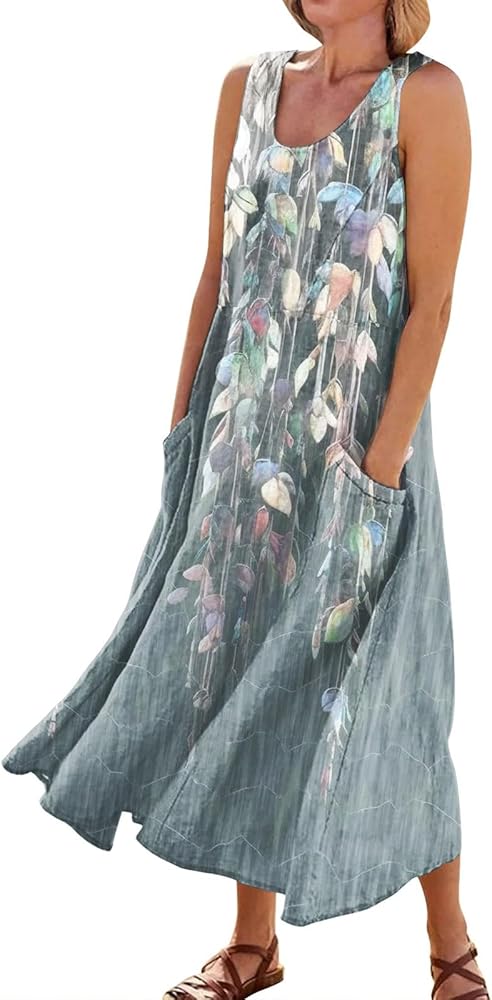 Women 2024 Summer Tank Dress Sleeveless U Neck Printed/Solid Boho Beach Shirt Maxi Flowy Linen Cotton Dresses with Pocket