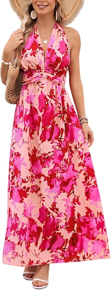 Kormei Women's Boho Floral Strap V Neck Halter Sleeveless A line Plain Smocked Summer Beach Party Maxi Long Dress