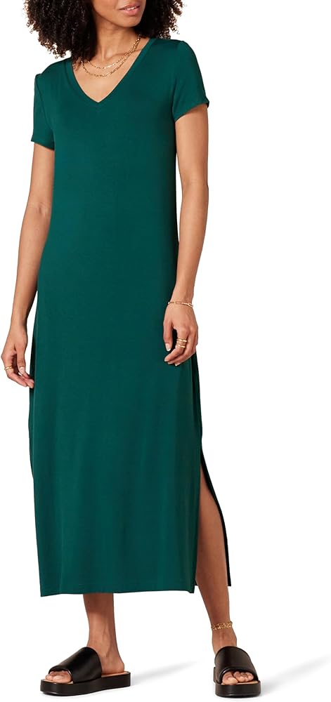 Amazon Essentials Women's Jersey V-Neck Short Sleeve Midi Length Dress