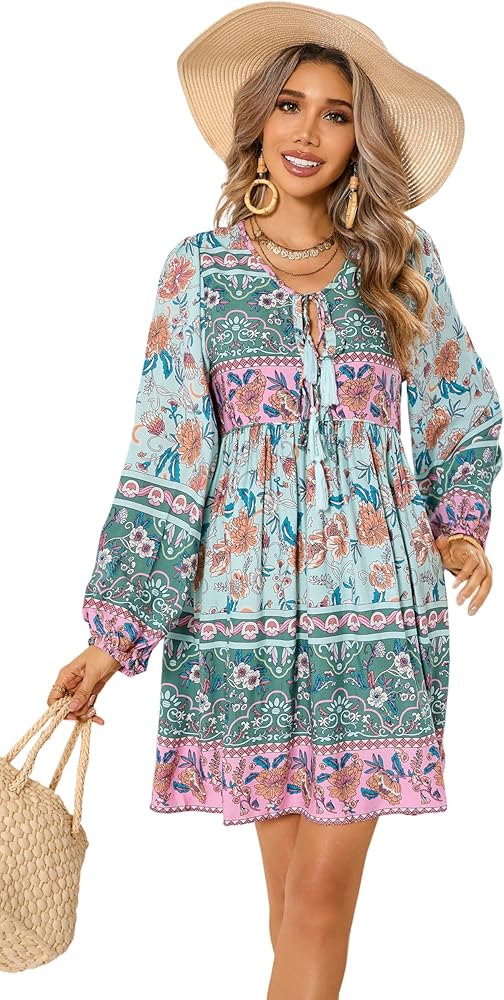 R.Vivimos Womens Long Sleeve Floral Casual Print Cotton Mini Tunic Dress