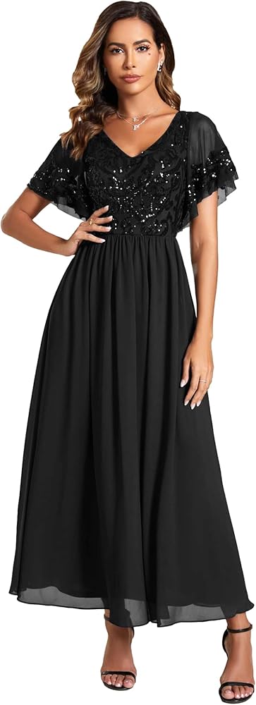 Ever-Pretty Women's V-Neck Sequin Applique Ruffles Sleeves Backless A-Line Evening Dresses 01583