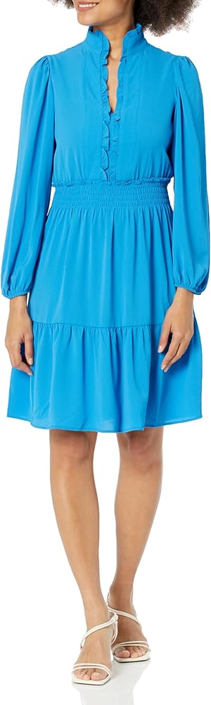 London Times Women's Stand Collar Tiered Dress with Smocking and Ruffle Details