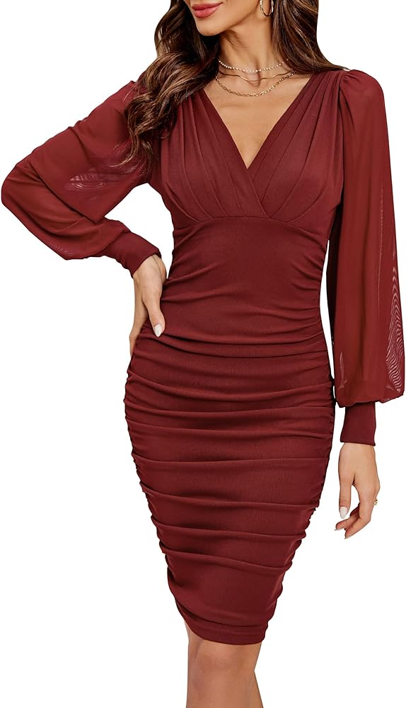 BMJL Women's Sexy Bodycon Dresses Long Sleeve Cocktail Dress V Neck Ruched Party Dress