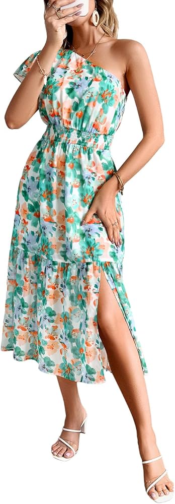 Kate Kasin Women One Shoulder Boho Floral Summer Casual Dresses Sleeveless Smocked Waist Tiered A Line Wedding Guest Dress