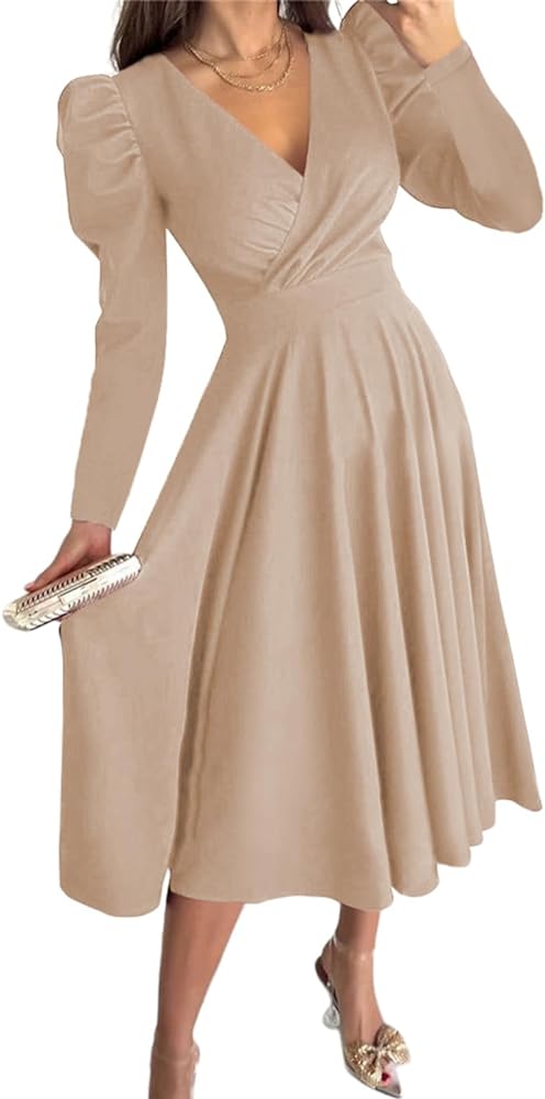 Dokotoo Womens Wrap V Neck Long Sleeve High Waist Vintage Wedding Guest Cocktail Party Swing A Line Midi Dresses