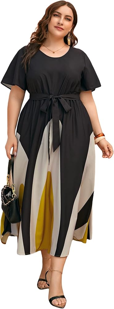 WDIRARA Women's Plus Size Color Block Short Sleeve Belted A Line Flared Midi Dress